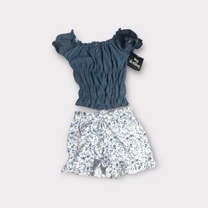 Blue Smocked Off-Shoulder Top with Floral Shorts Set